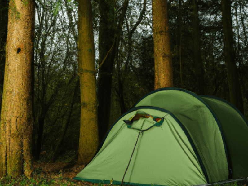 A green tent in a British Woodland